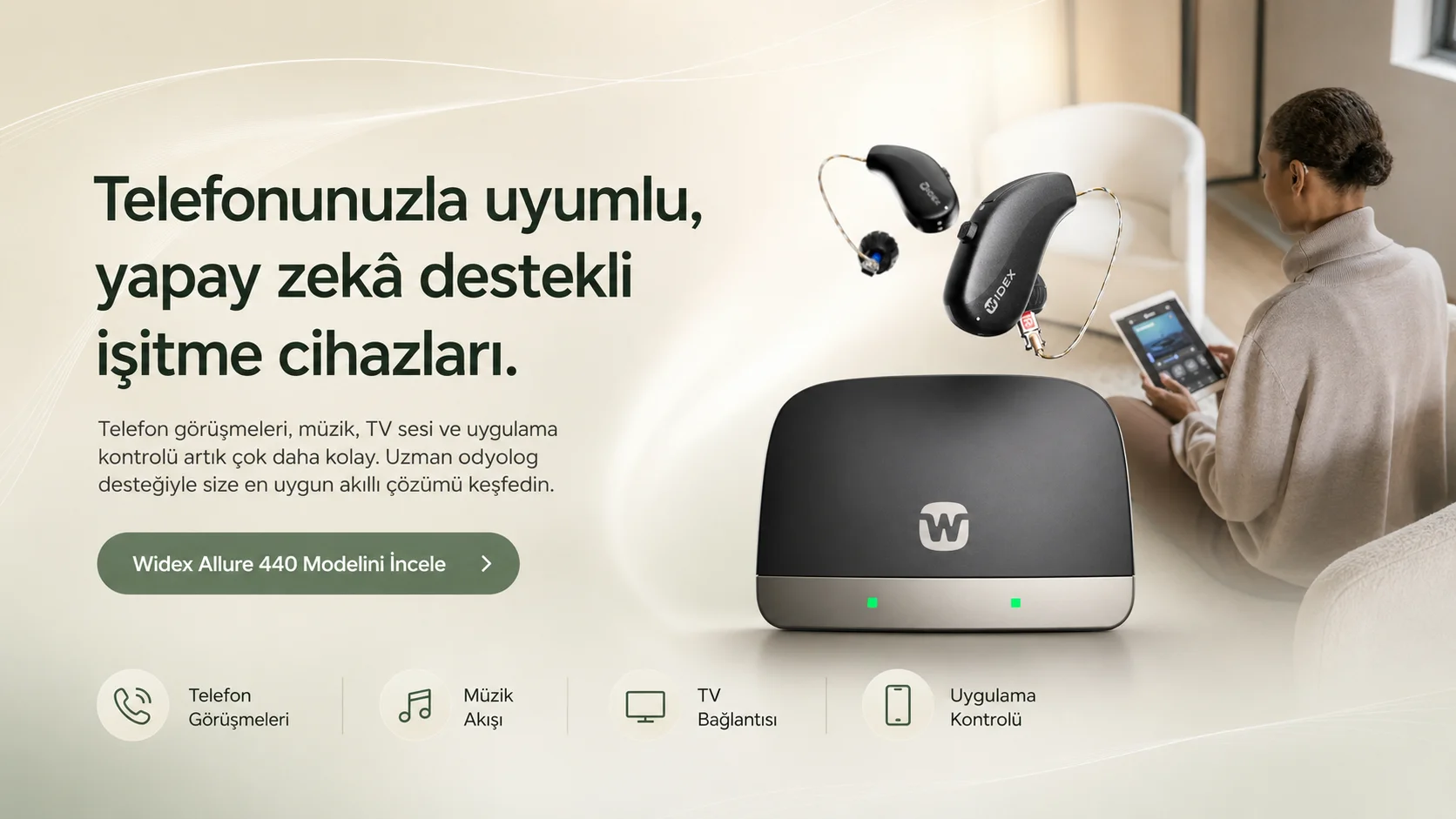 Widex Allure 440 Bluetooth ve yapay zekâ destekli işitme cihazı — telefon, müzik ve TV bağlantısı